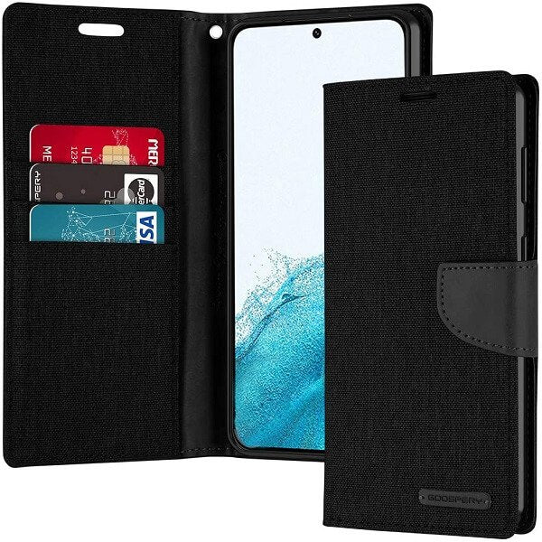 Goospery Canvas Samsung Galaxy S22 Wallet Leather Case Denim Stand Flip Fabric Pouch Credit Card Slots Cover - Black Goospery Canvas Samsung Galaxy S22 Wallet Leather Case Denim Stand Flip Fabric Pouch Credit Card Slots Cover - Black